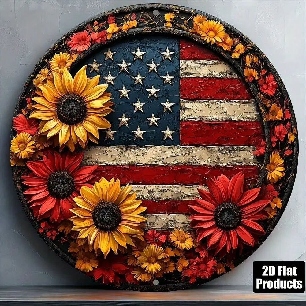 American Flag Sunflower Metal Wall Art, 8x8 Inch Round Aluminum Plaque, Patriotic Rustic Decor for Kitchen Bar Office