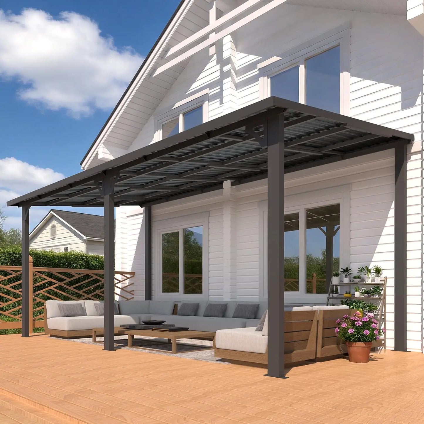 16' × 8' Hard‑Top Lean‑To Gazebo – Wall‑Mounted Outdoor Pergola with Durable Roof