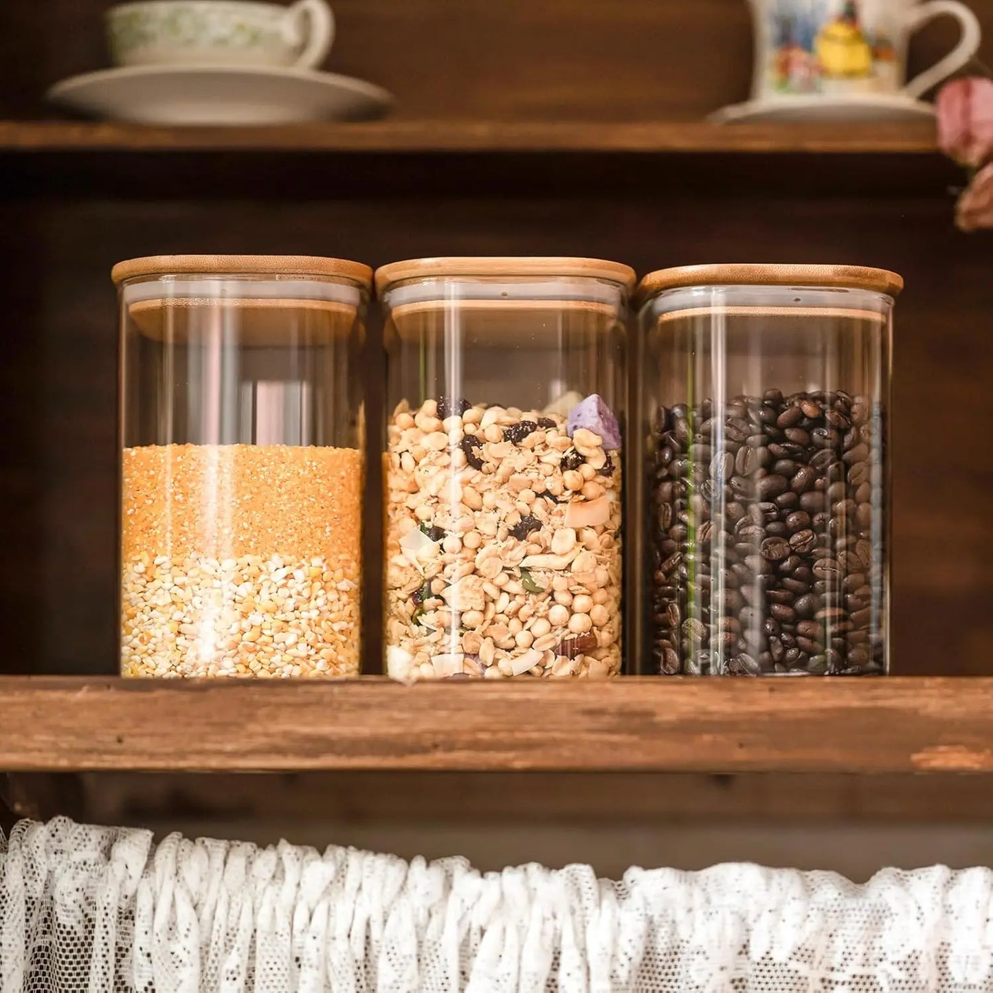 Glass Food Storage Jars 37oz Set of 6, Airtight Bamboo Lid Containers for Tea, Coffee, Flour, Sugar & More