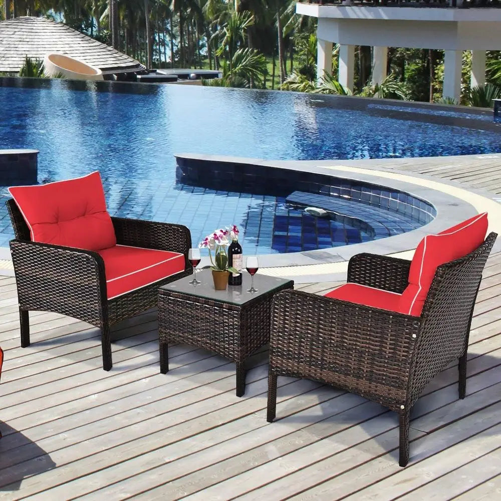 3‑Piece Outdoor Patio Furniture Set – Wicker Chairs with Glass‑Top Coffee Table & Thick Cushions