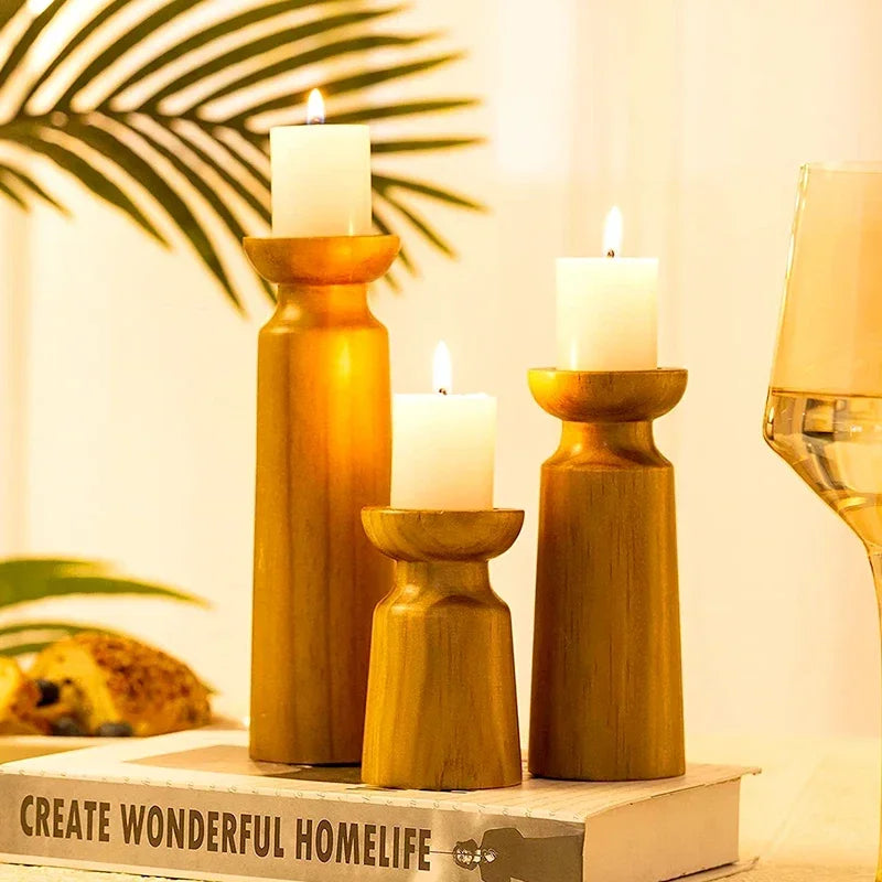 Hand‑Carved Wooden Pillar Holders – Artisanal Solid Wood Candle Stands (Set of 3)