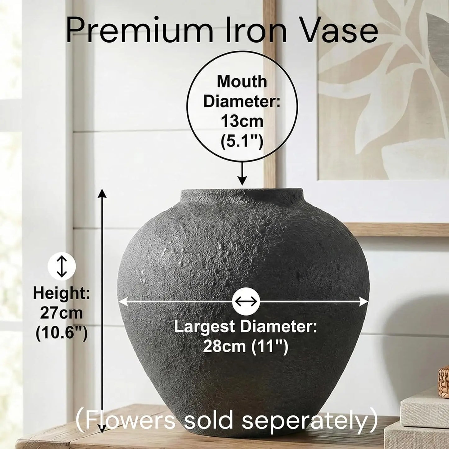 Black Large Round Vase – Rustic Iron Pottery‑Look Decorative Vase for Modern Farmhouse & Home Centerpieces