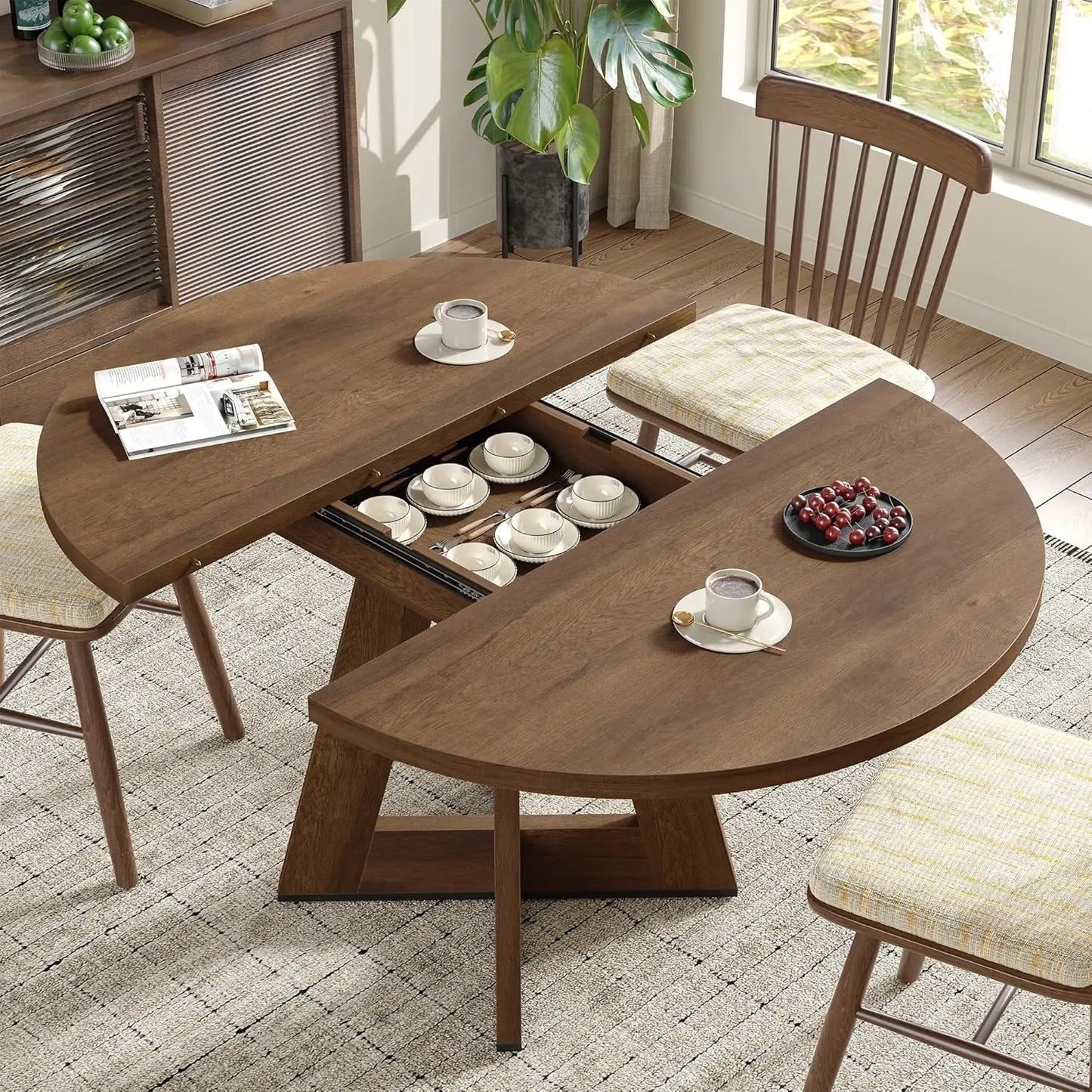 Extendable Round Dining Table for 4-8, Modern Kitchen Oval Dining Table with Removable Leaves Space Saving, Wood Base