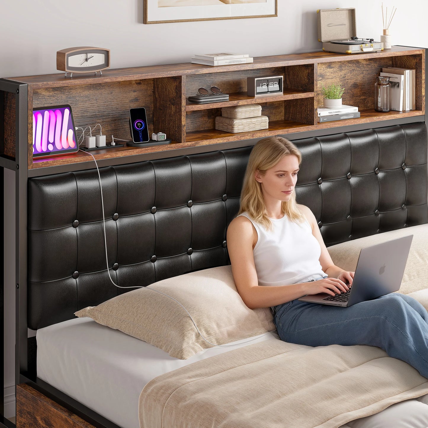 Full/Queen/King Bed Frame with Charging Station and 4 Storage Drawers, Platform Bed