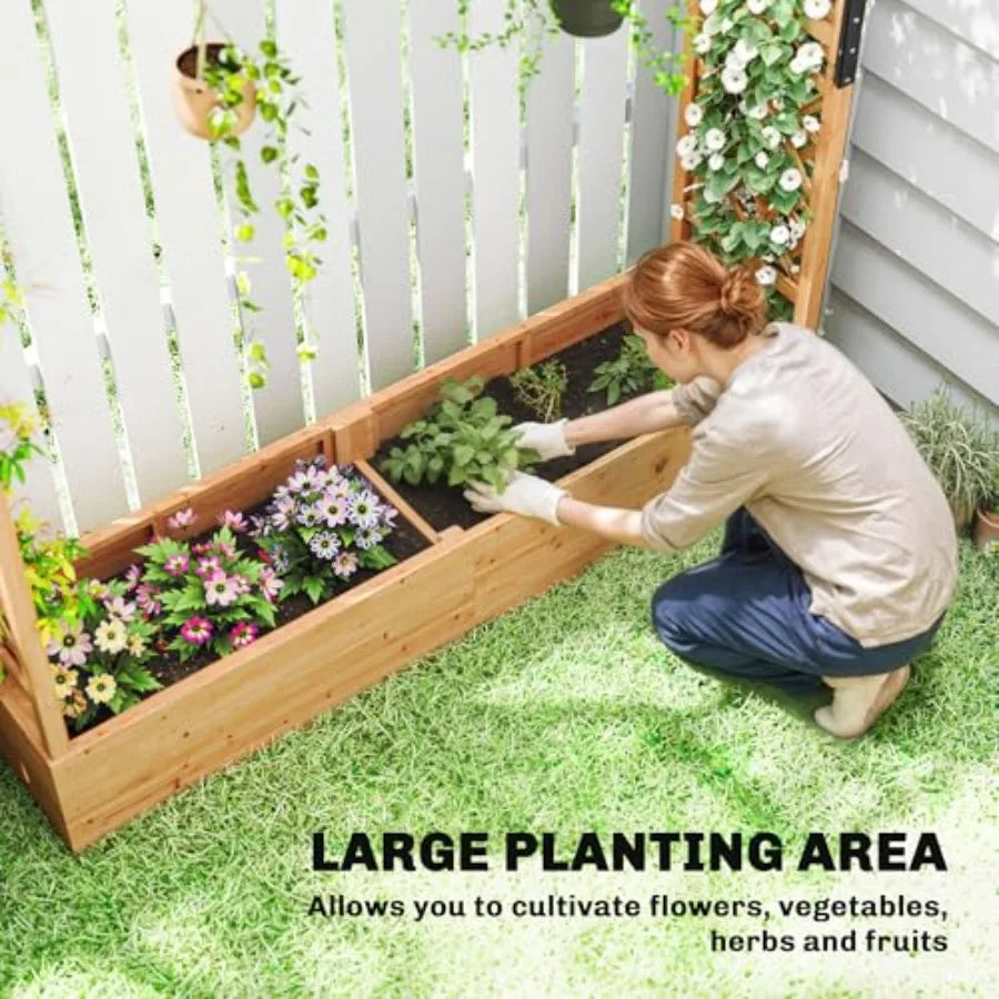 Raised Garden Bed with Trellis, Wooden Planter Box with Hanging Roof and Drainage Holes