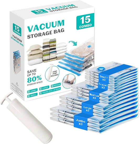 15 Pack Vacuum Storage Bags with Hand Pump for Clothes, Blankets & Travel - Space Saving Solution