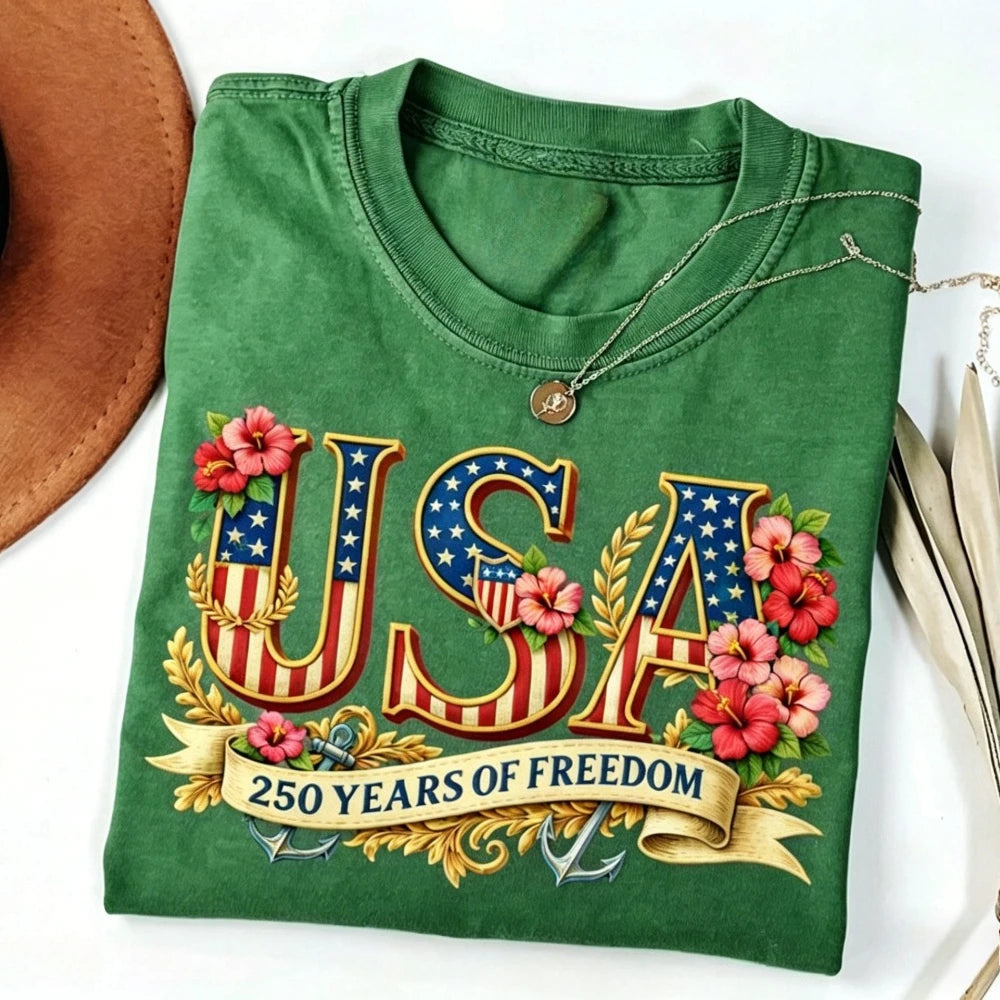 USA 250th Freedom - Women Crewneck Cotton Short Sleeve T Shirt