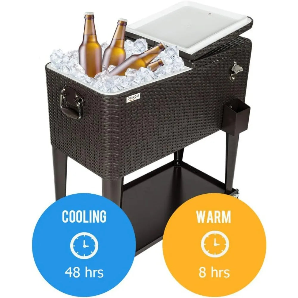 80QT Rolling Ice Chest – Portable Patio Party Cooler Cart with Shelf & Bottle Opener, Brown