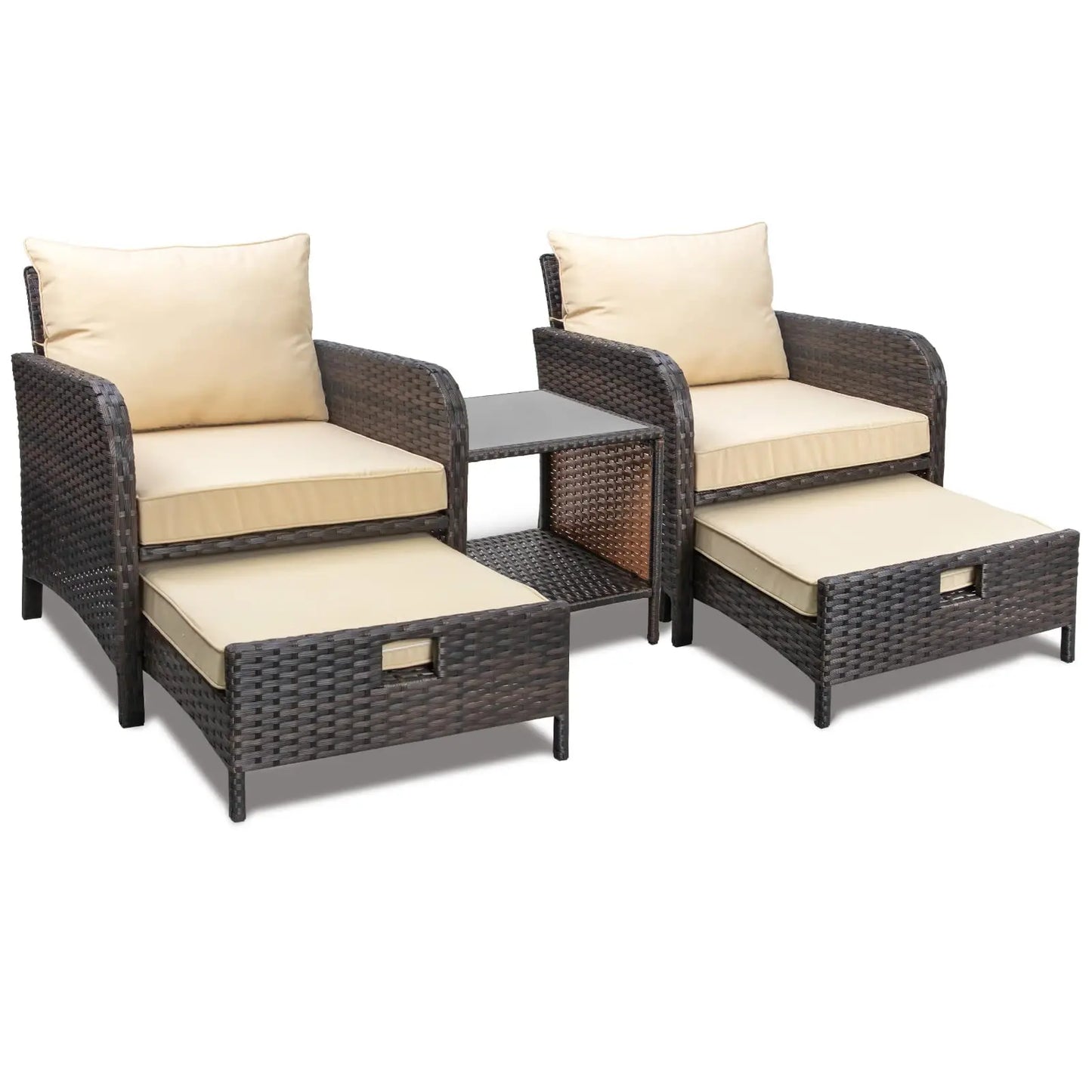 5‑Piece PE Wicker Patio Conversation Set – Lounge Chairs with Cushions, Ottoman & Side Table