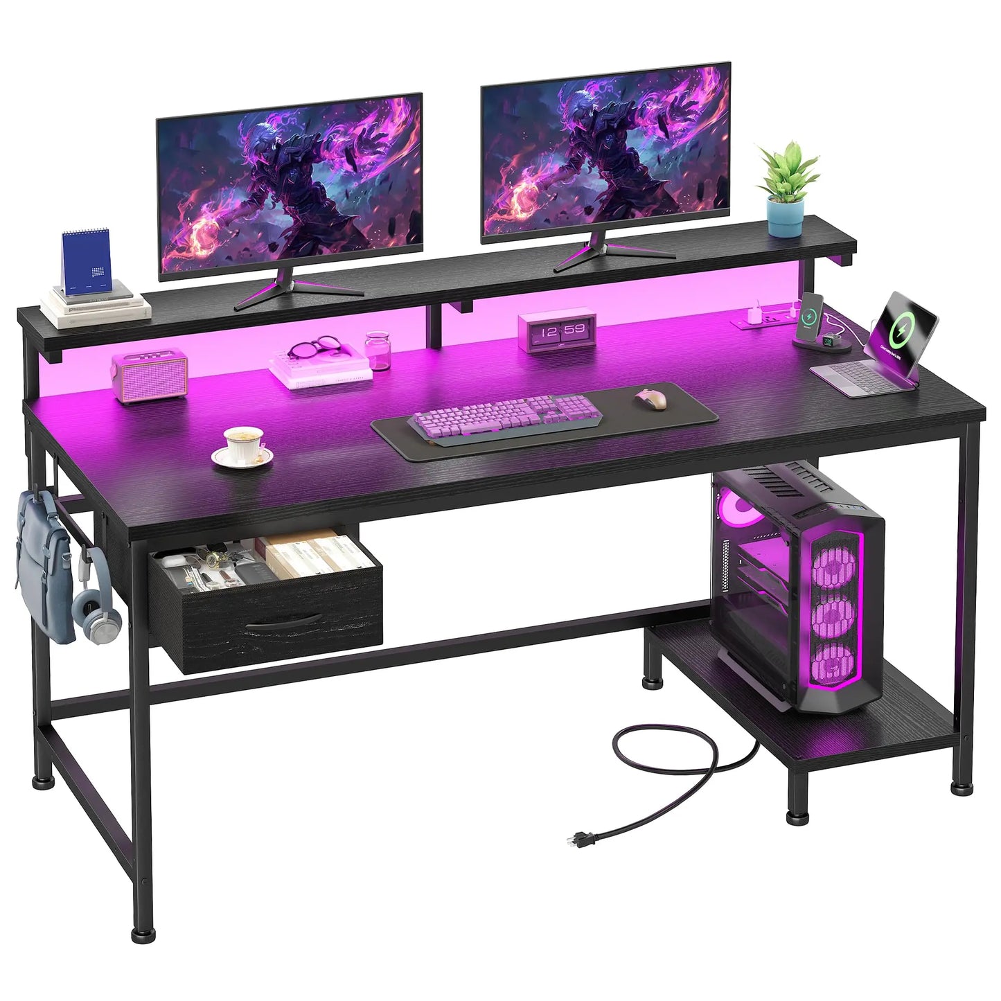 47" Office Desk with Power Outlet & Ergonomic Monitor with CPU Stand & LED Lights