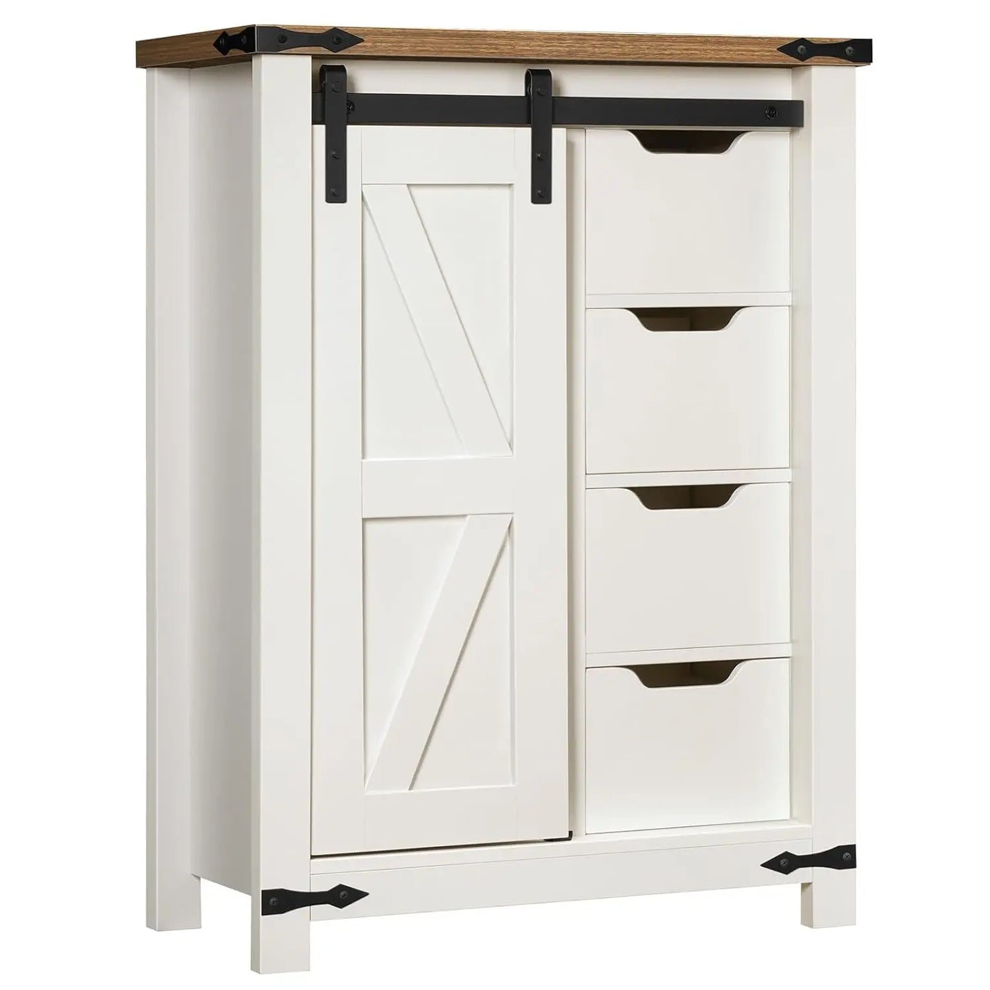 Storage Cabinet, Farmhouse with Sliding Barn Door, Adjustable Shelf and 4 Drawers, 11.8" D x 23.6"