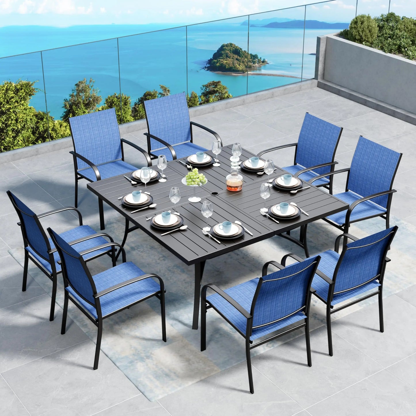 Outdoor Patio Dining Set (5/9/10‑Piece) – Square Table with Umbrella Hole & Metal Brown Chairs