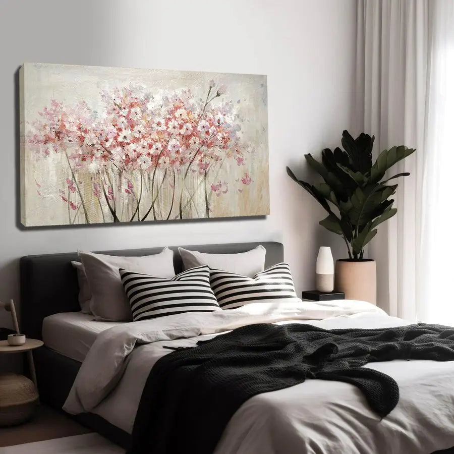 White Floral Oil Painting Canvas Art Wall - Botanical Picture Graffiti Wall Art for Bedroom, Living Room