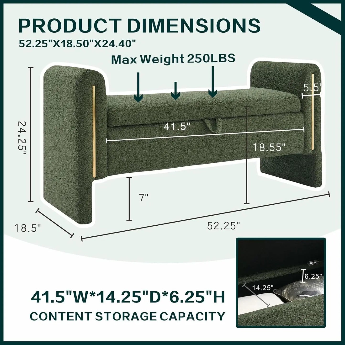 Modern 52" Storage Ottoman Bench, Upholstered with Armrests