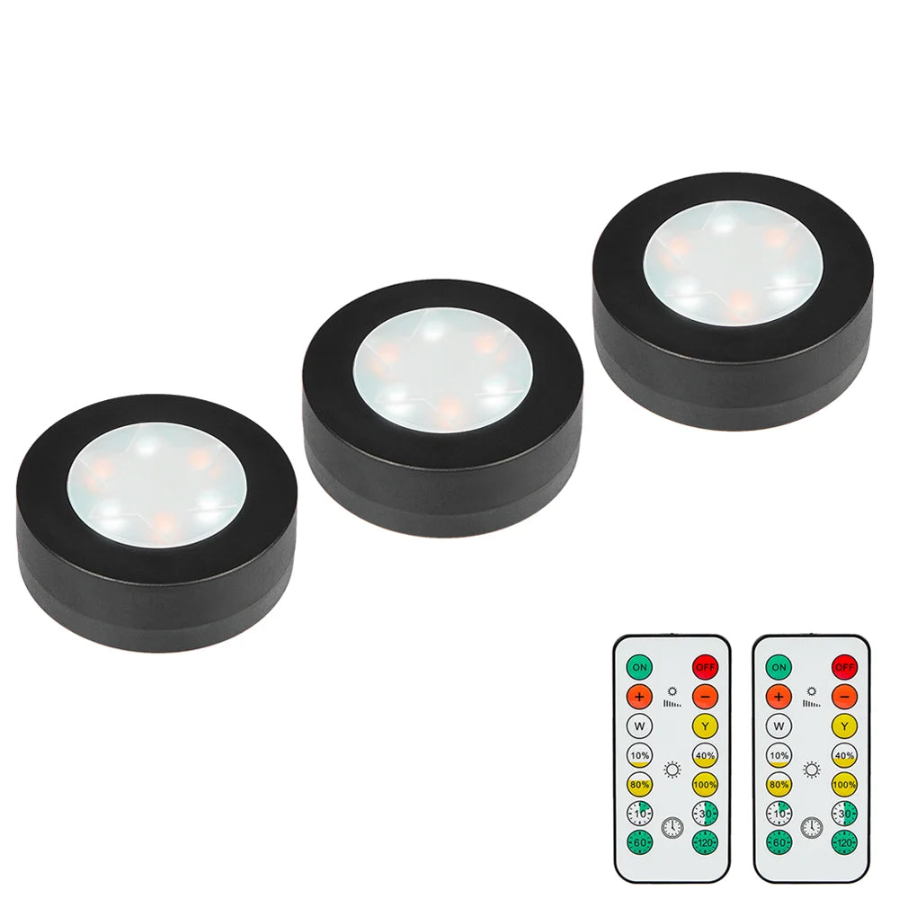 6-Pcs Black Round LED Under Cabinet Closet Light, Dimmable, Remote Control