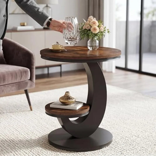 Round C‑Shaped End Table – 2‑Tier Wood Side Table with Metal Frame for Couch or Bedside