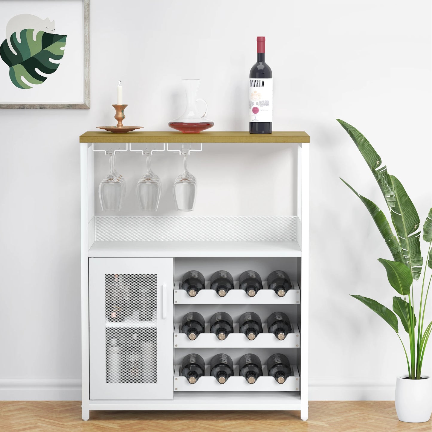 Vintage 3-Tier Wine Bar Cabinet With Adjustable Shelves & Glass Holder