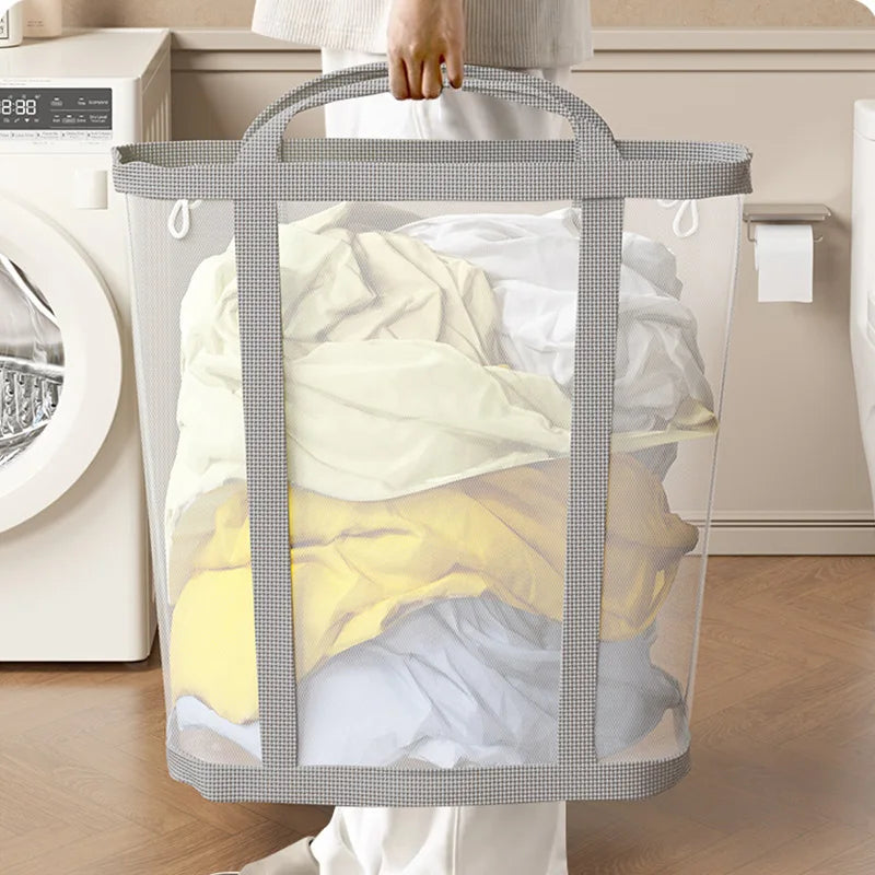 Nylon Mesh Laundry Basket with Handle Breathable Folding Portable Dirty Clothes Organizer Bags Large Capacity Toys Storage Bag