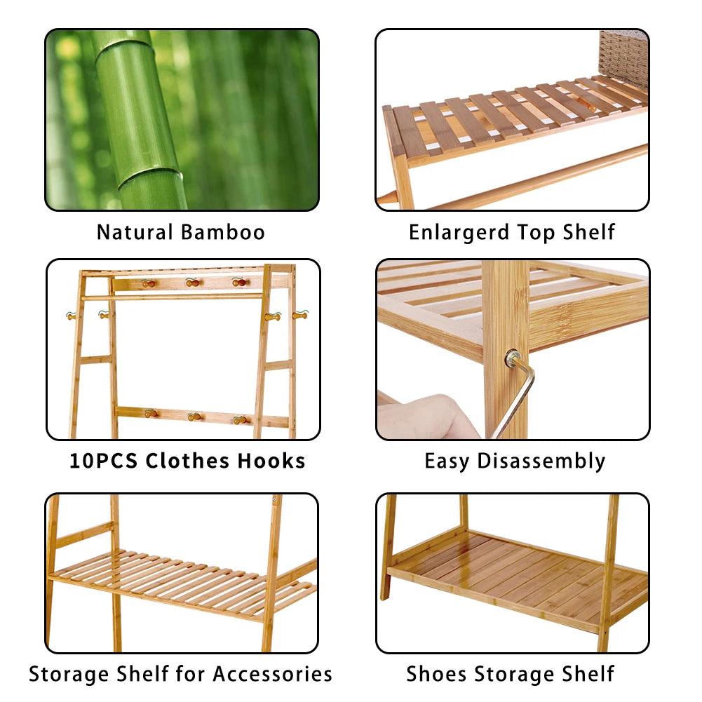 Bamboo Clothes Stand/Rack with 3 Tiers and Storage Shelves