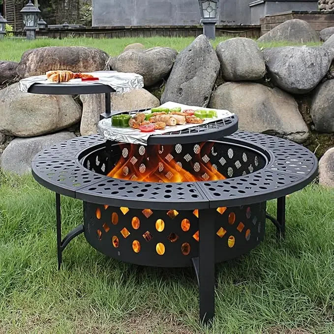 36" Fire Pit with 2 Grills, Wood Burning Fire Pits for Outside with Lid, Poker and Round Waterproof Cover, BBQ& Outdoor Fire