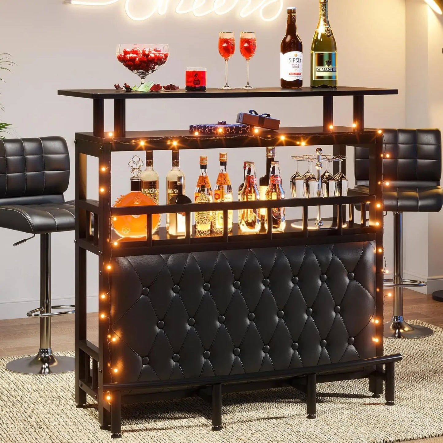 44" Black Bar Table with Storage – Tall Pub Table with Upholstered Footrest