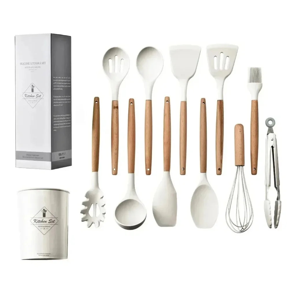12‑Piece Non‑Stick Silicone Cooking Utensil Set – Wooden Handles, Heat‑Resistant Kitchen Tools with Storage Container
