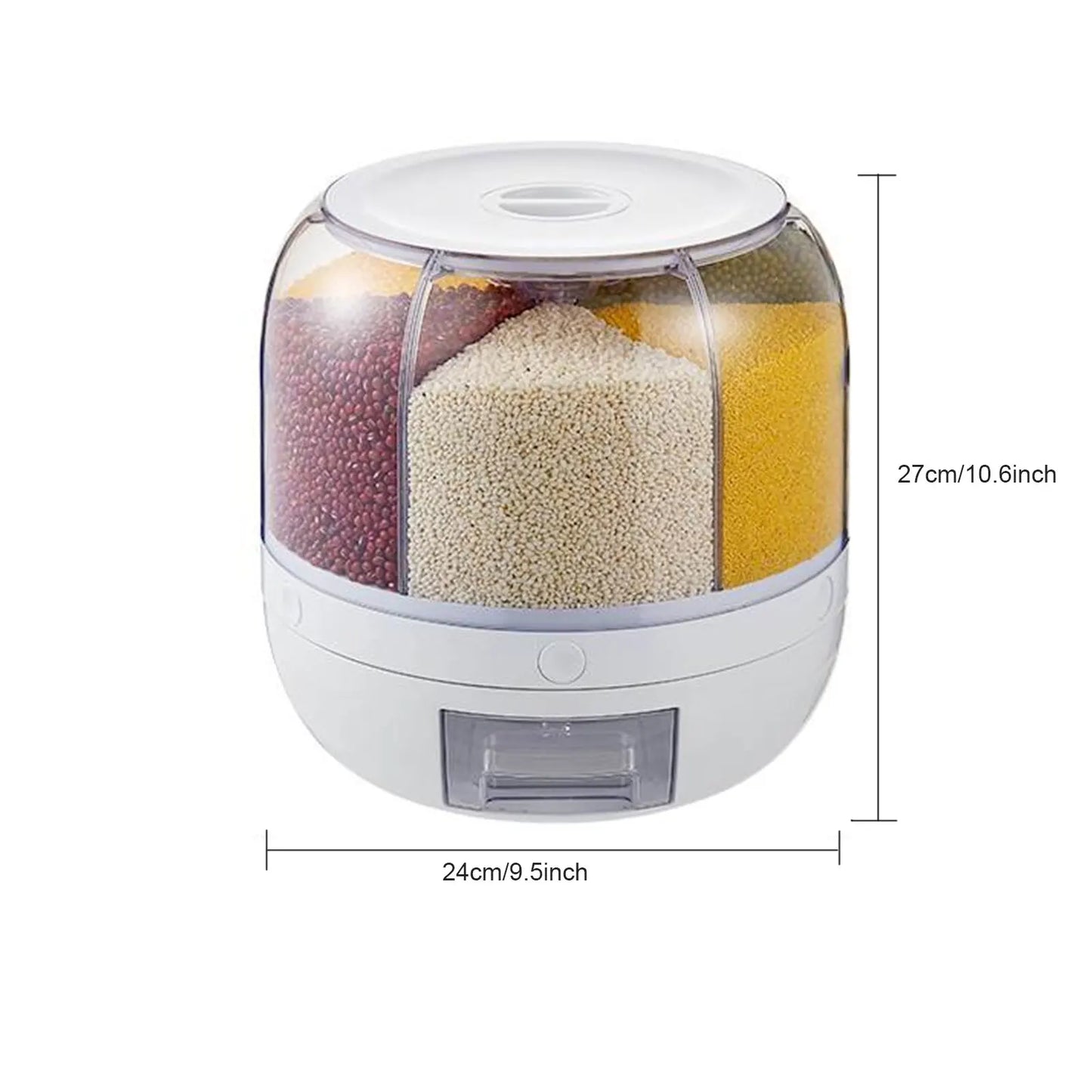360° Rotatable 6-Grid Grain Dispenser—13lbs Capacity Food-Grade - Moisture-Proof for Rice & Beans in Kitchen