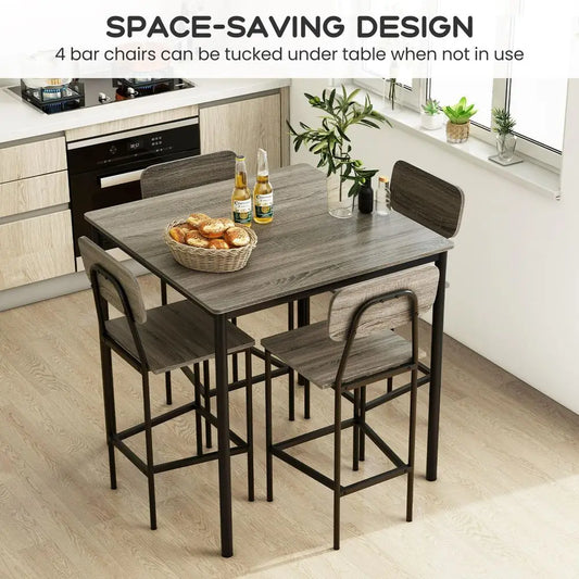 5Piece Dining Table Set with Counter Height Table, 4 Bar Stools