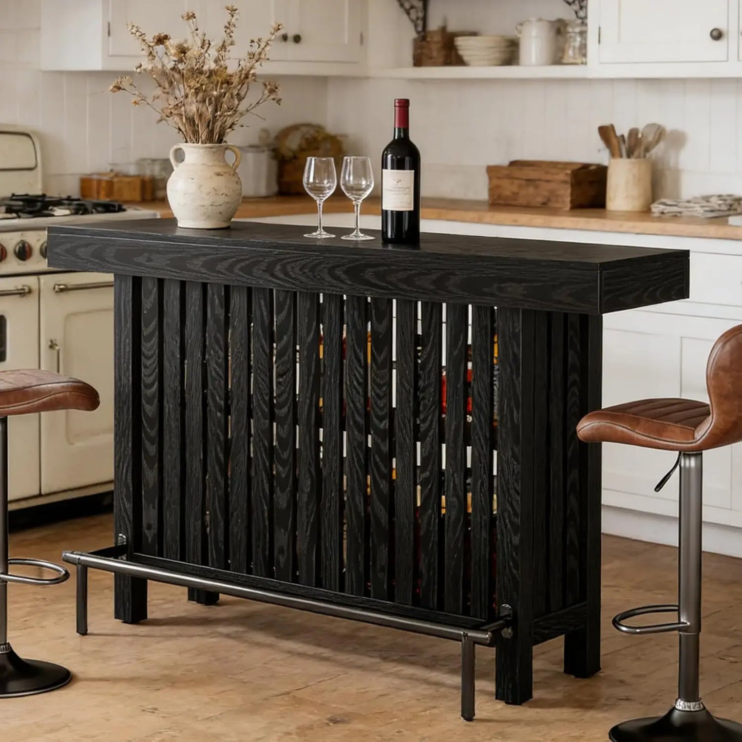63" Counter Height Bar Table with Footrest 2-Tier Storage Shelf