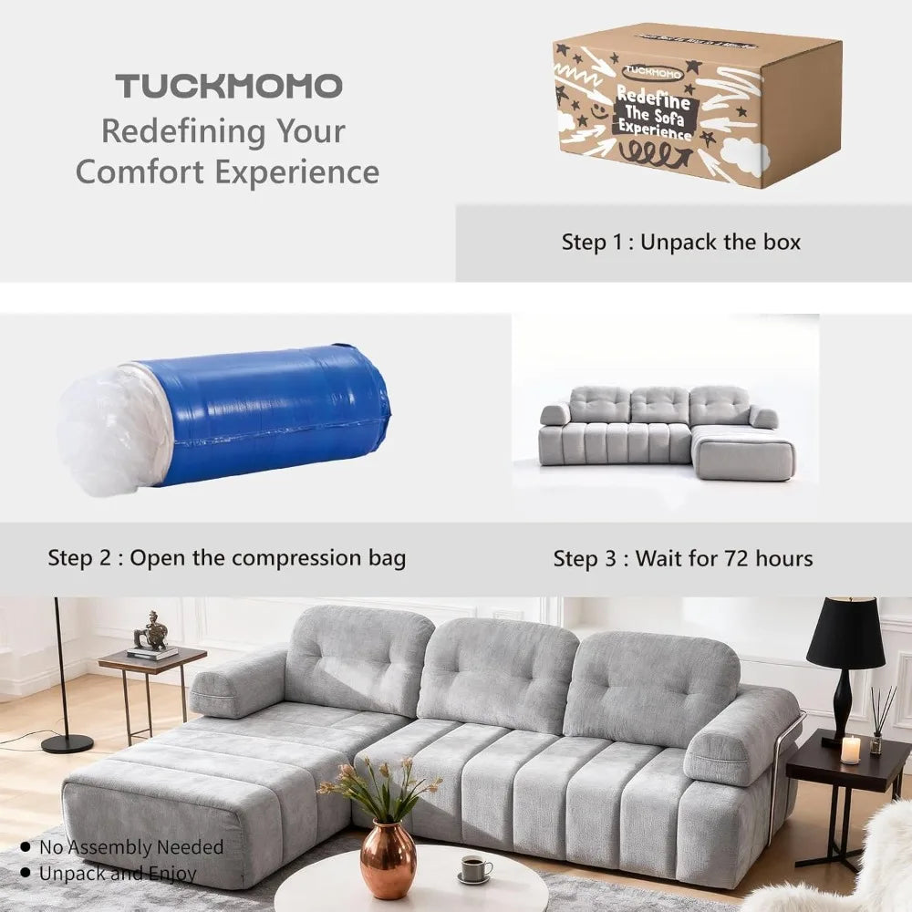 Modular Sectional Sofa with Chaise, L-Shape with Pillows and Side Pockets, 3-Seater