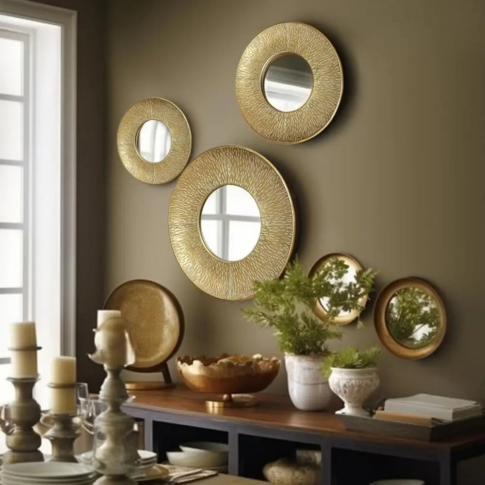 Seraphina Boho Gold Metal Round Wall Mirror Set – 3-Piece