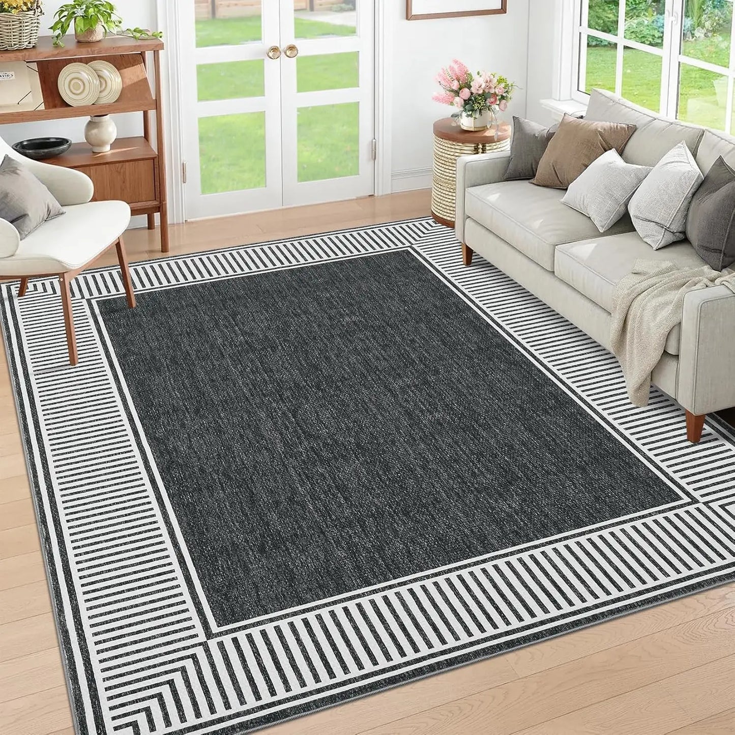9x12 Modern Bordered Accent Rug,  Foldable