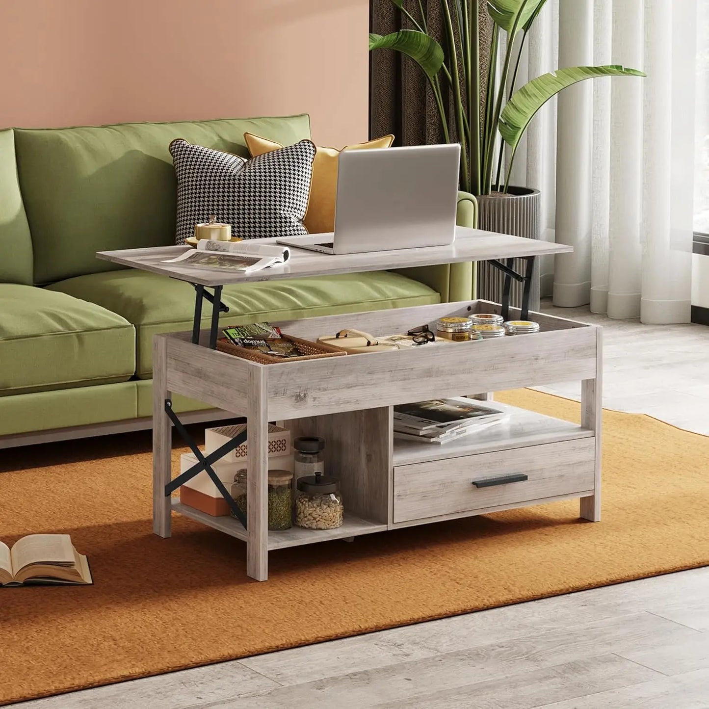39" Lift Top Coffee Table with Hidden Compartment, Storage Drawers and Storage Shelf for Living Room