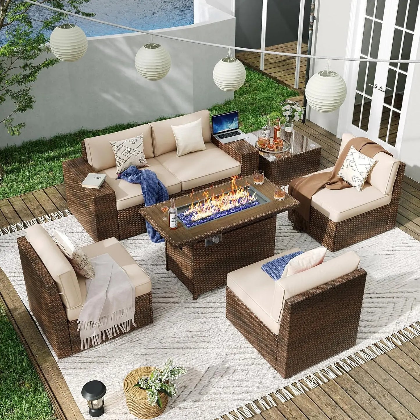 7 Piece Patio Furniture Set with 44 Inch Fire Pit Table, Outdoor Wicker Parlor Set with Thick Cushions