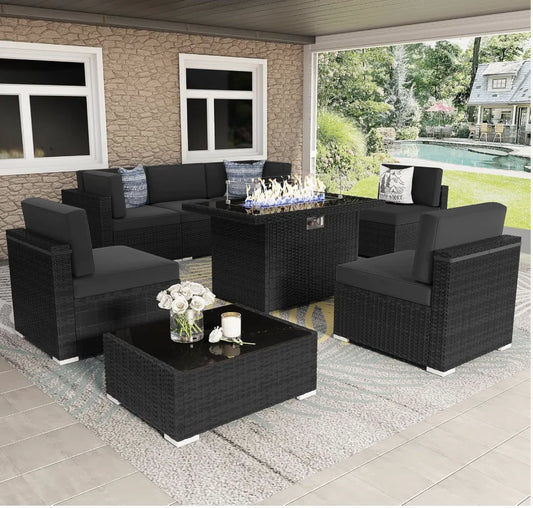 8 Piece Patio Furniture Set with 44" Propane Gas Fire Pit Table, Outdoor Sectional Wicker