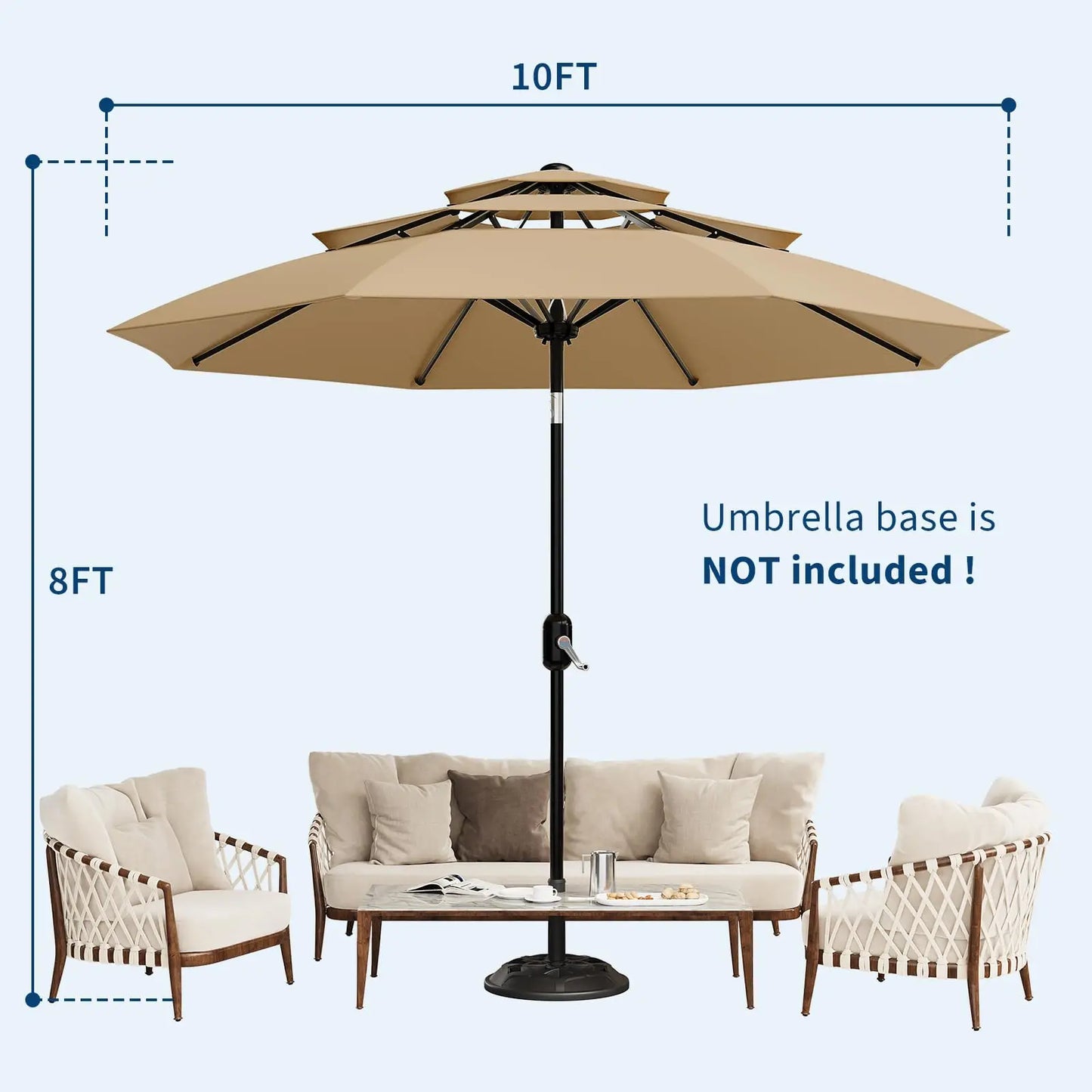 10FT 3‑Tier Patio Umbrella – Vented Outdoor Market Umbrella with Crank & Tilt, Fade‑Resistant Sunshade