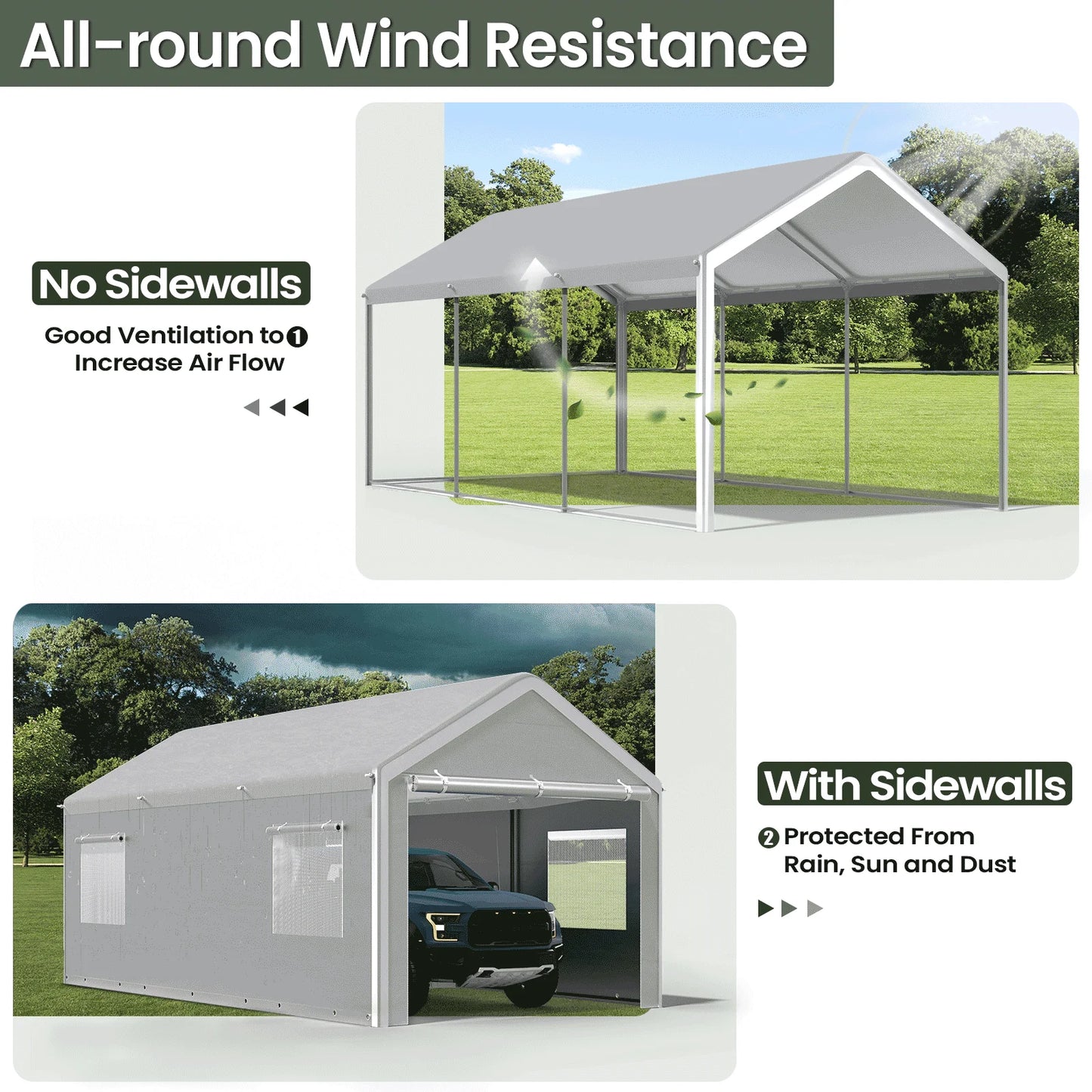 Carport 10x20 Ft, Heavy Duty Car Canopy with Reinforced Ground Bar, Portable Garage with Roll-up Windows and Removable Sidewalls