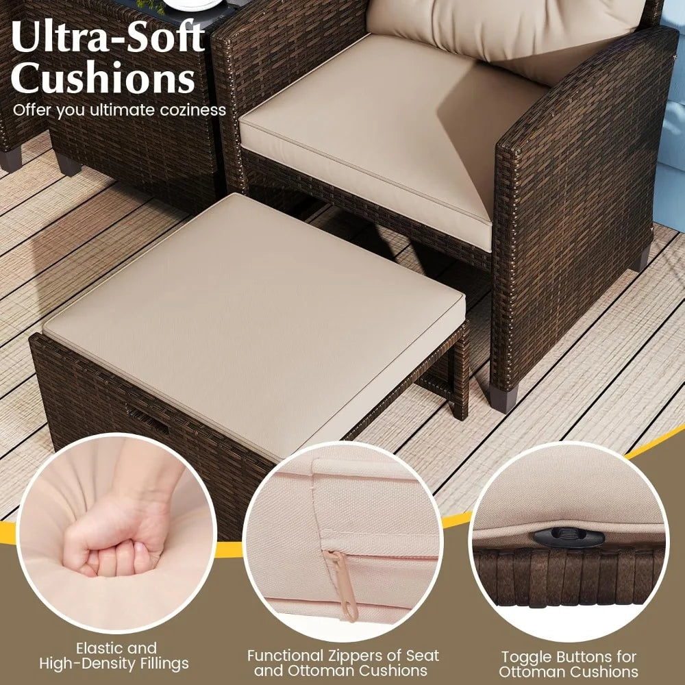 5-Piece Outdoor Patio Furniture Set with Chairs, Ottomans & Glass Table