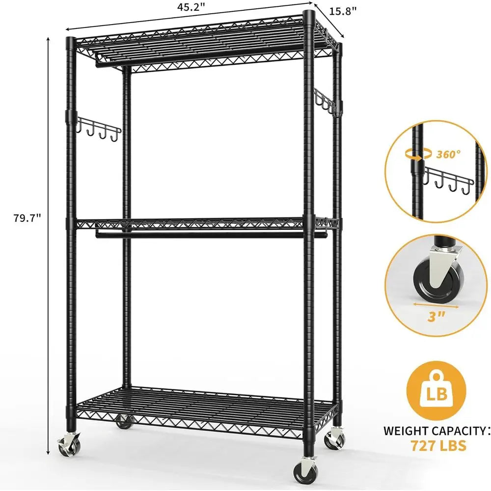 3‑Tier Clothes Rack with Wheels – Adjustable Shelves & Dual Hanging Rods