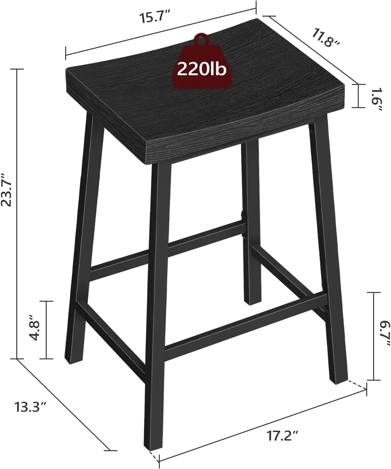 Black Bar Stools Set of 2 with Footrest, 23.7 Inch Counter Height