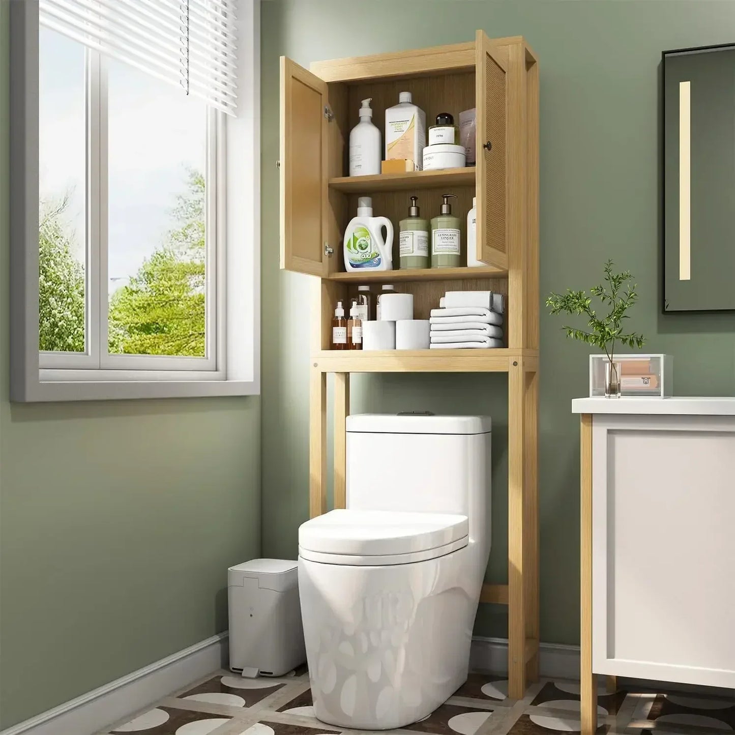 Rattan Over The Toilet Storage Cabinet, Adjustable Shelf