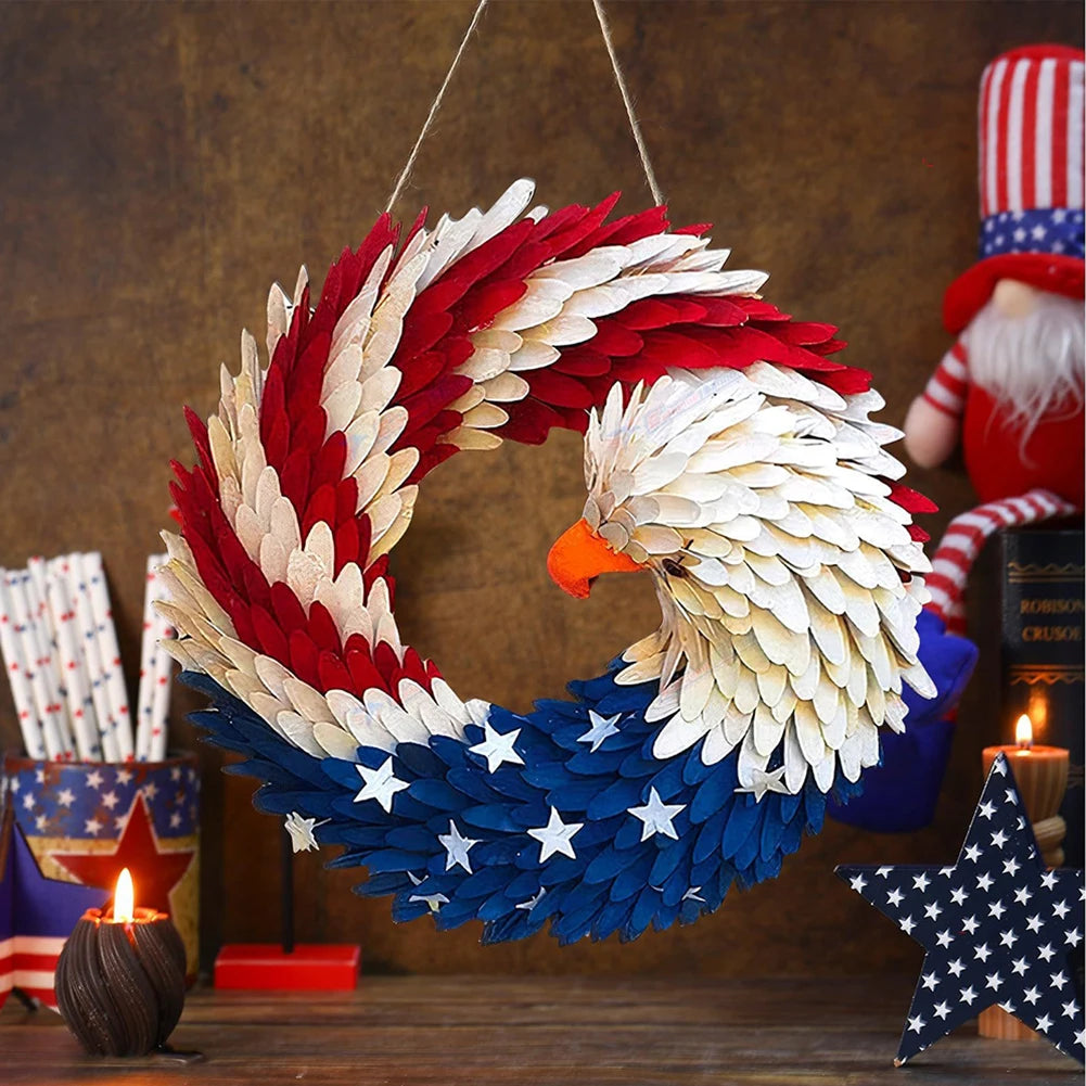 Independence Day Front Door Sign - Wall Hanging Round Wooden Plaque Patriotic Decor Garland