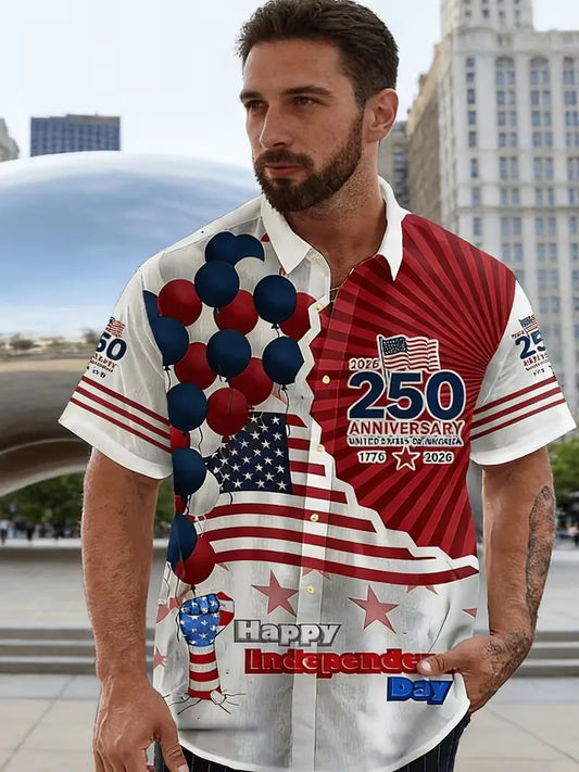 Men's 250th Anniversary US  American Flag Print Short Sleeve Button Down Shirt
