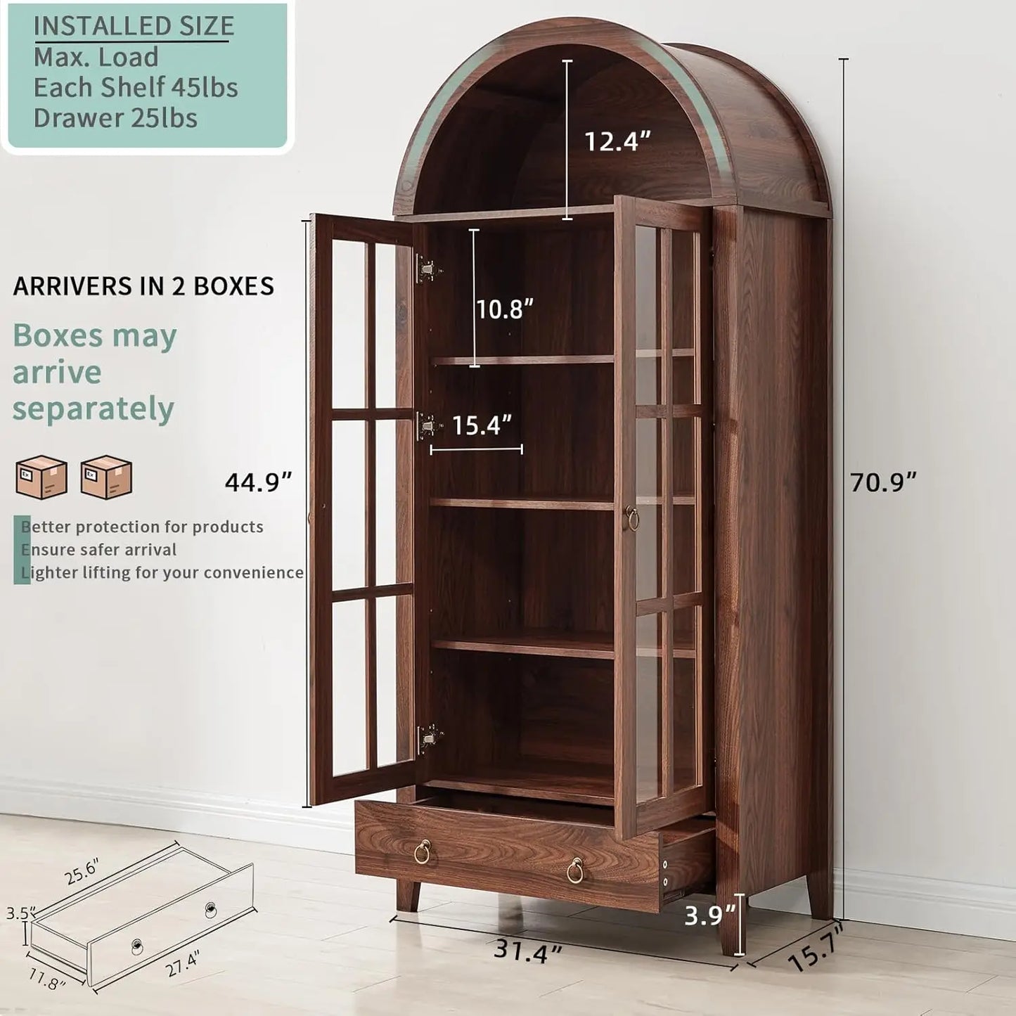 Elegant 71-Inch Arched Display Cabinet – Natural Wood Finish