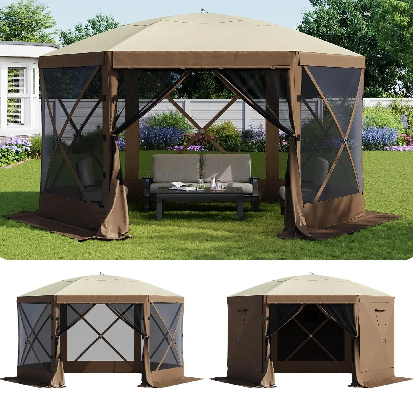 12×12 FT Pop‑Up Gazebo Screen Tent – 6‑Sided Canopy with Carry Bag & Stakes