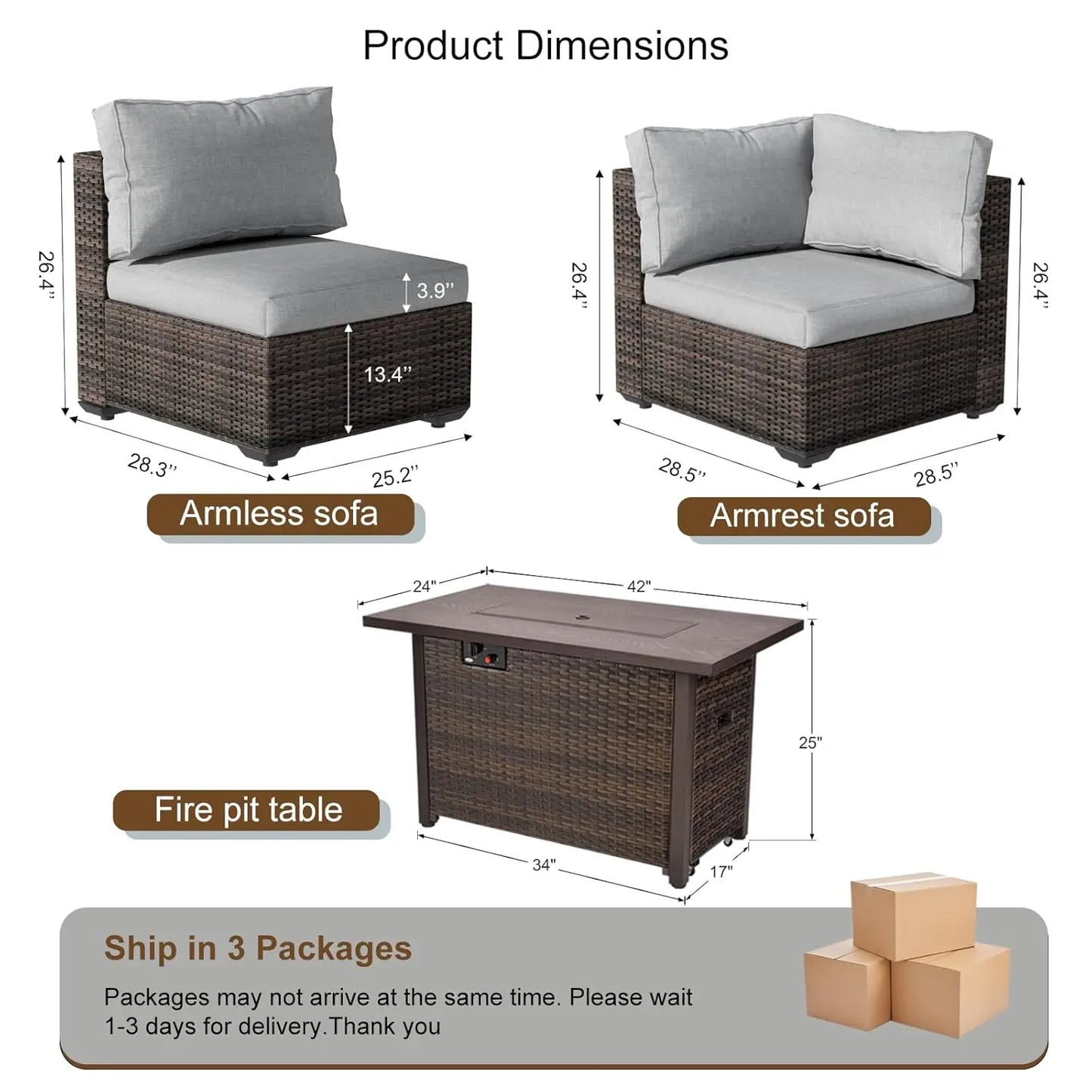 7-Pieces Patio Furniture Sets Outdoor Sectional Sofa with 44'' Propane Rattan Wicker Firepit Table