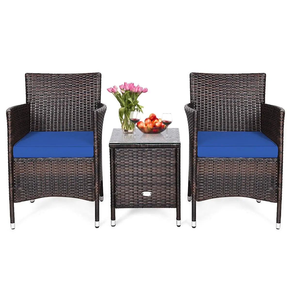 3‑Piece Patio Furniture Set – Wicker Rattan Chairs with Thick Cushions & Glass‑Top Coffee Table