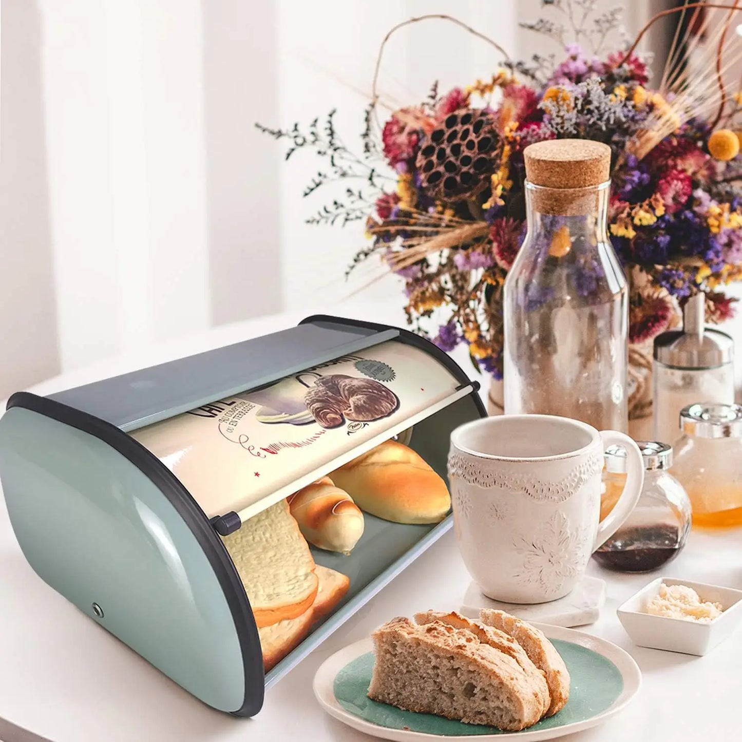Vintage Metal Bread Box with Roll Top, Rust-Proof Kitchen Storage Container for Countertop