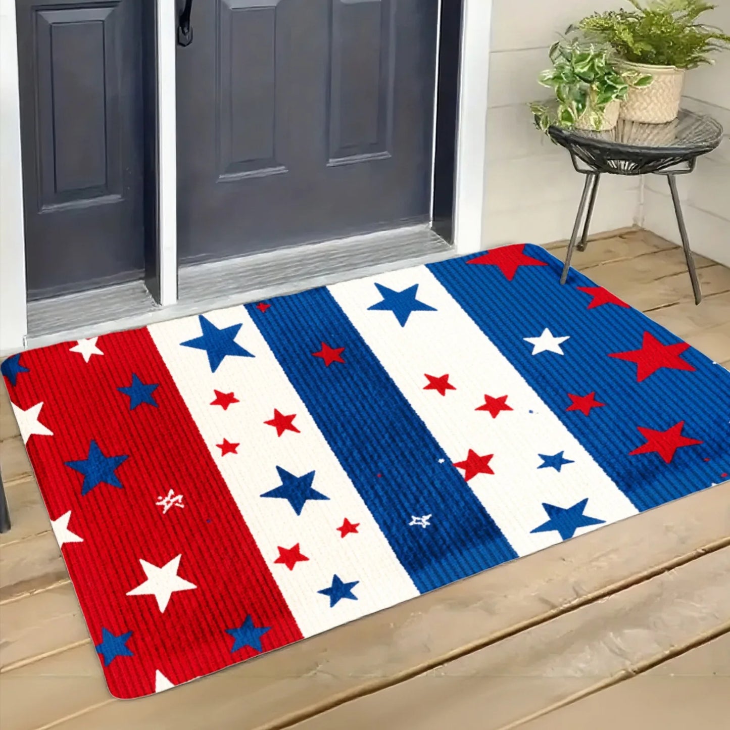 Patriotic Red White Blue Stars & Stripes Entrance Mat – Front Door Greeting Rug for Home Decor