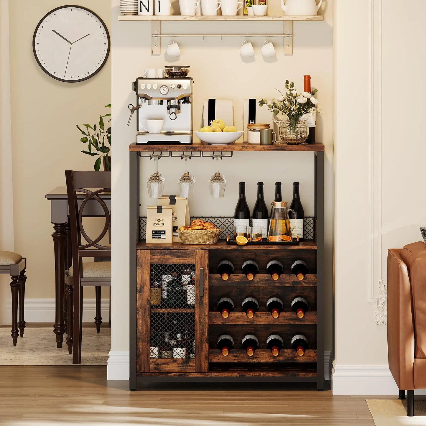 Vintage 3-Tier Wine Bar Cabinet With Adjustable Shelves & Glass Holder